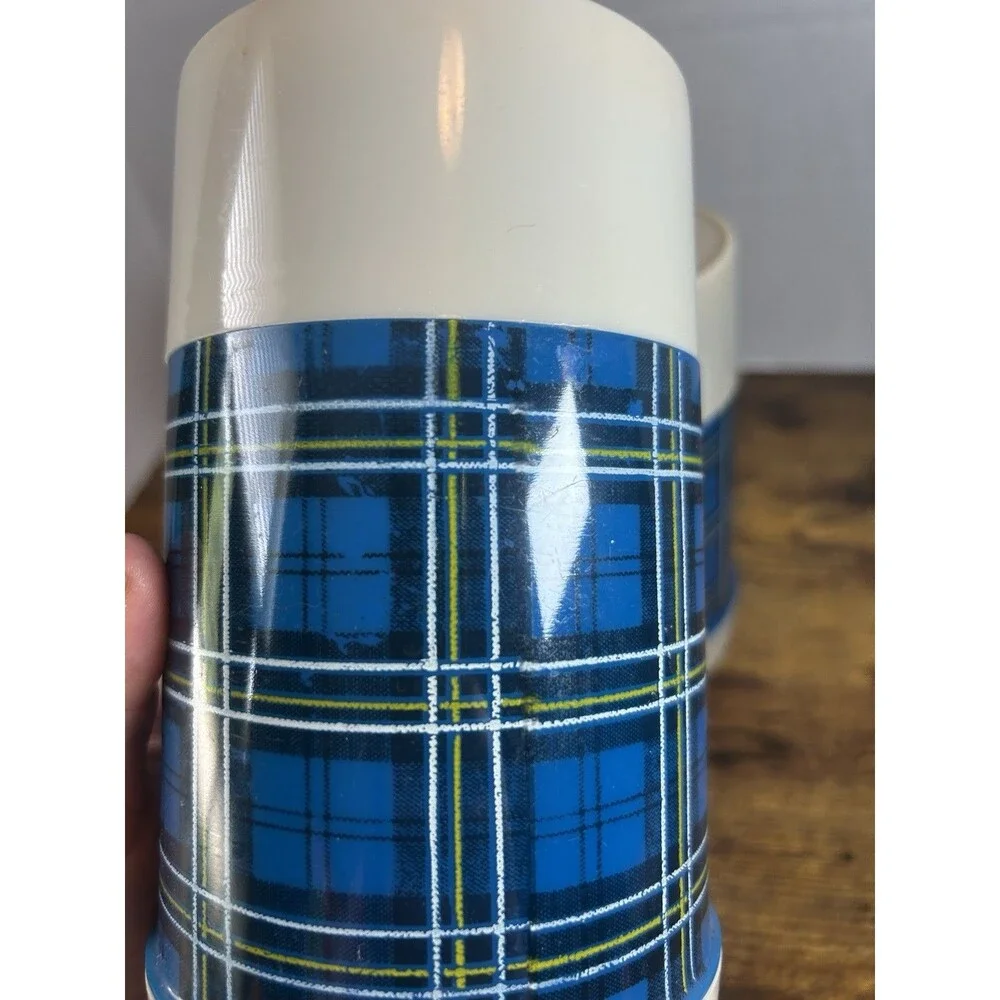 Vintage Aladdin Best Buy Blue Plaid Pint Wide Mouth Thermos Bottle USA Lot of 2